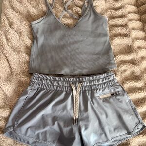 Cropped Ribbed Tank and Drawstring Shorts Set - Light Gray